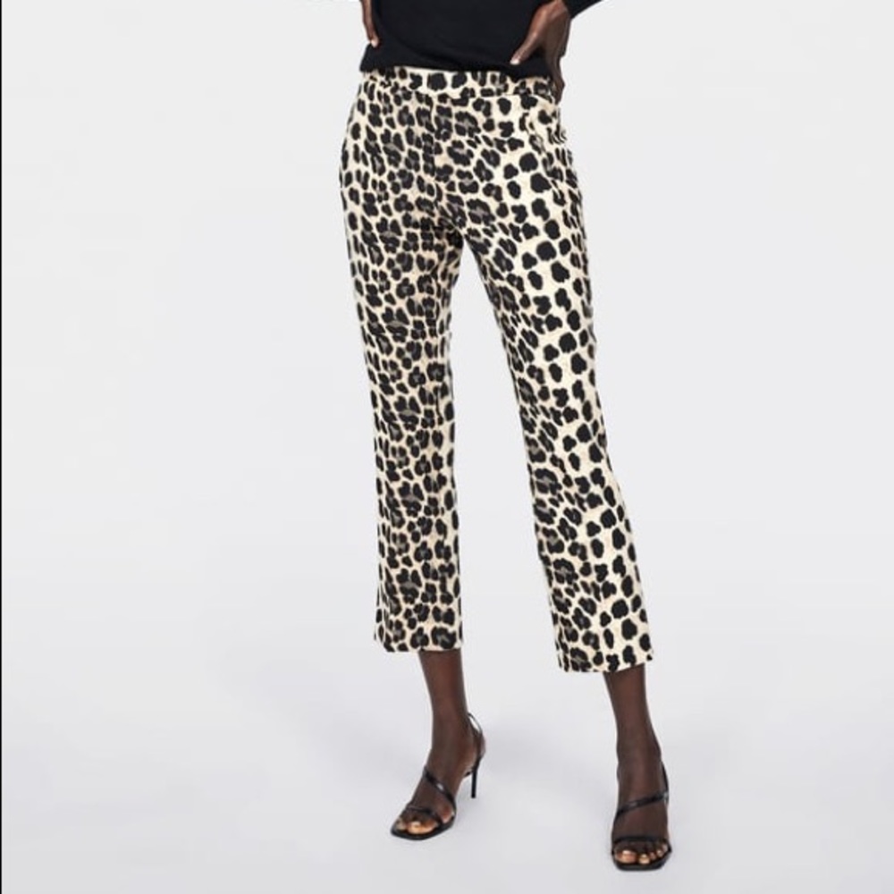 Zara Leopard-Print Cropped Ankle Pants in Black and Cream
